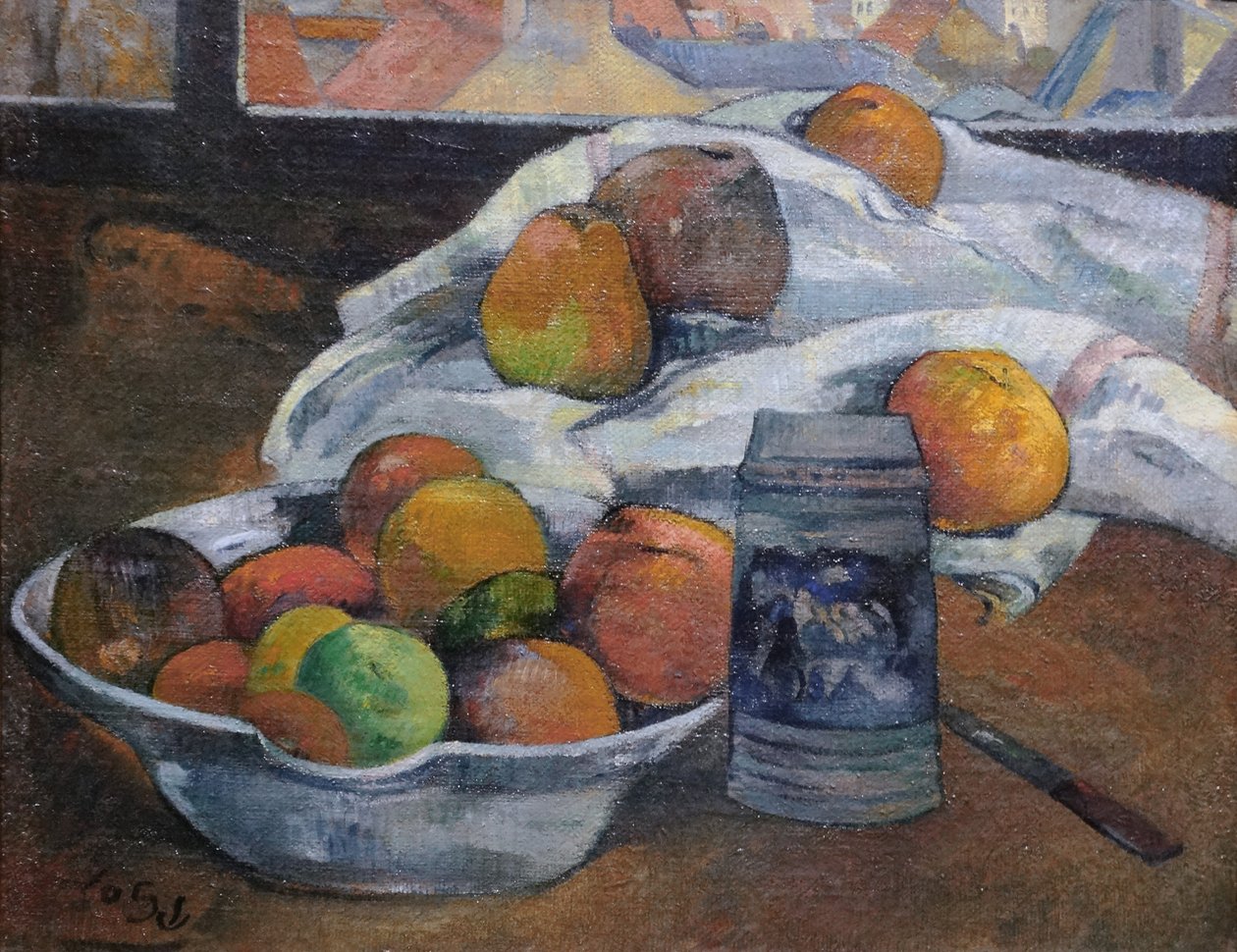 Skål med frugt og karret foran et vindue, ca. 1890 af Paul Gauguin