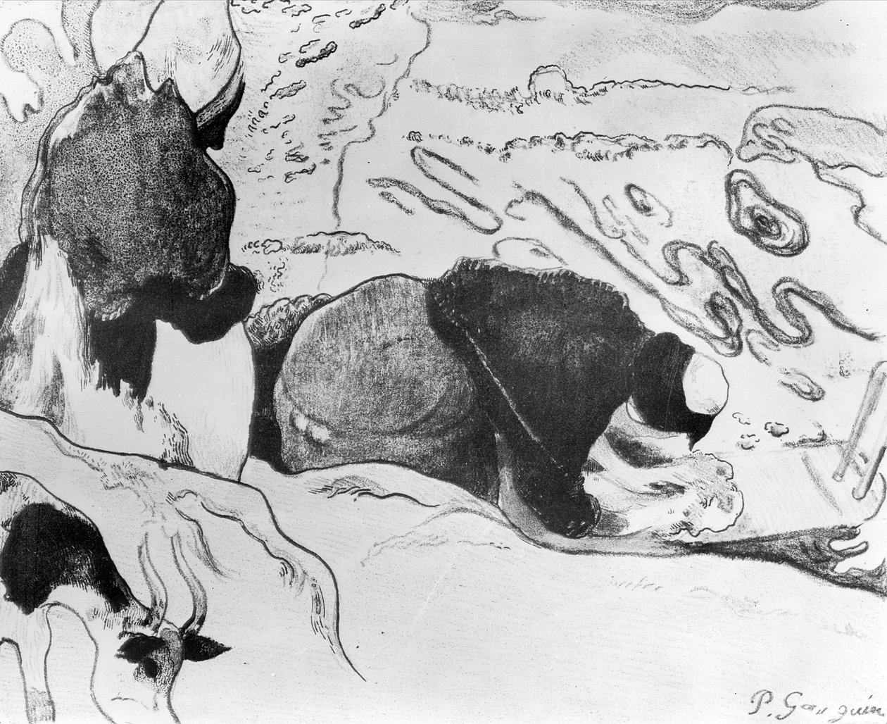 Bretonske vaskekoner, 1889 (zinkograf på papir) af Paul Gauguin