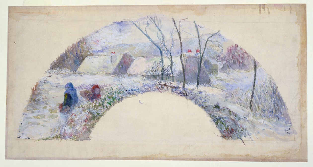 Have under sne, design til en vifte, ca.1885 (wc og bodycolour over sort kridt på fint linned) af Paul Gauguin