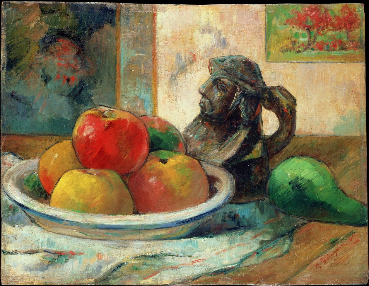 Stilleben med æbler, en pære og en keramisk portrætkande, 1889 af Paul Gauguin