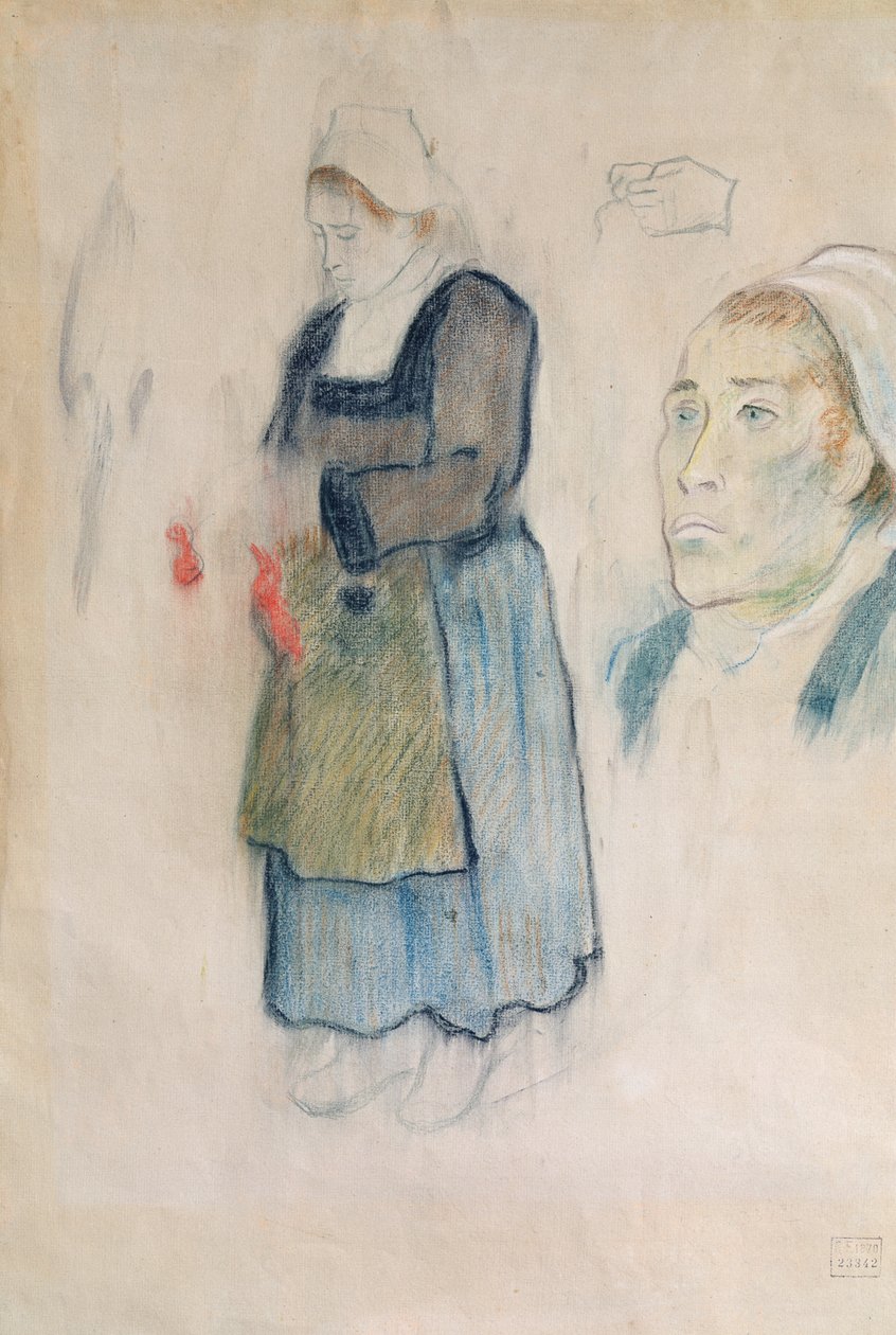 Studier af bretonske bønder, 1888 (Rødkridt, kul og pastel på beige papir) af Paul Gauguin