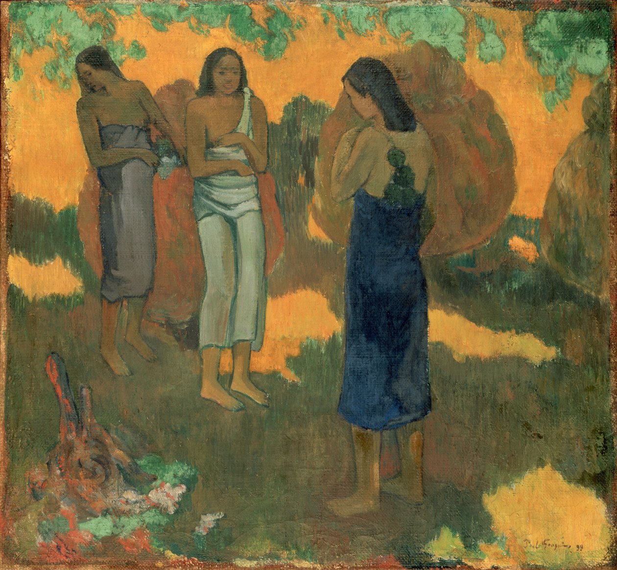 Tre tahitiske kvinder på en gul baggrund af Paul Gauguin