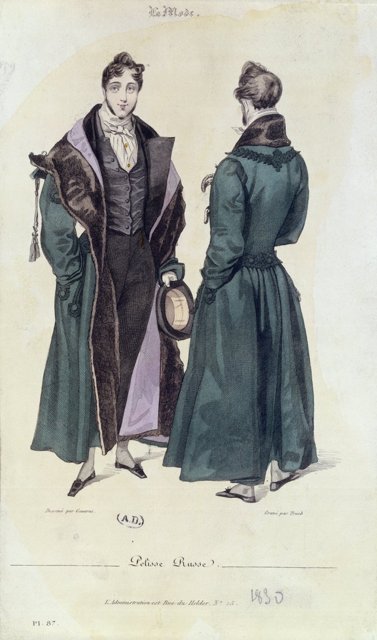 Fransk modeplade af en Pelisse Russe, 1830 (farvegravering) af Paul Gavarni