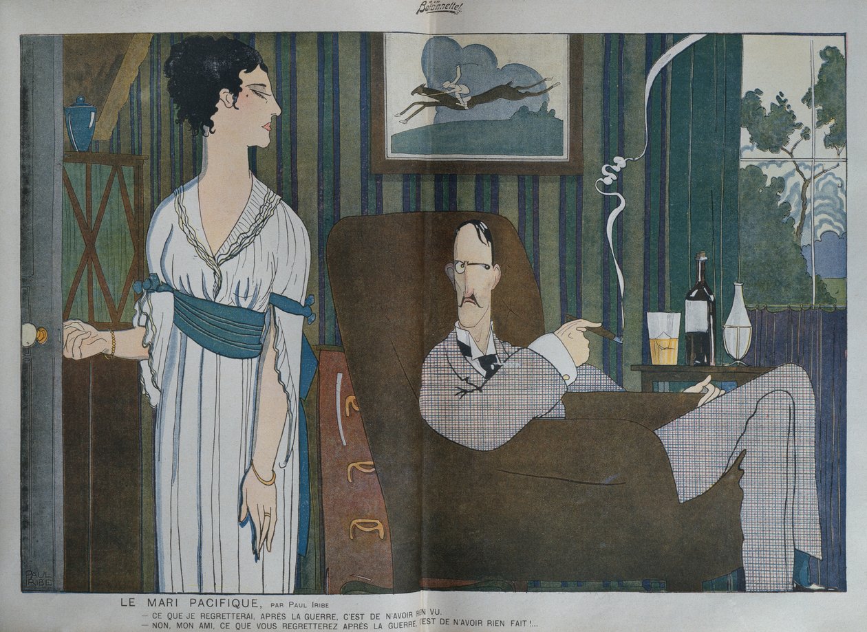 Den pacifistiske ægtemand, illustration fra "La Baionnette", 2. september 1915 af Paul Iribe