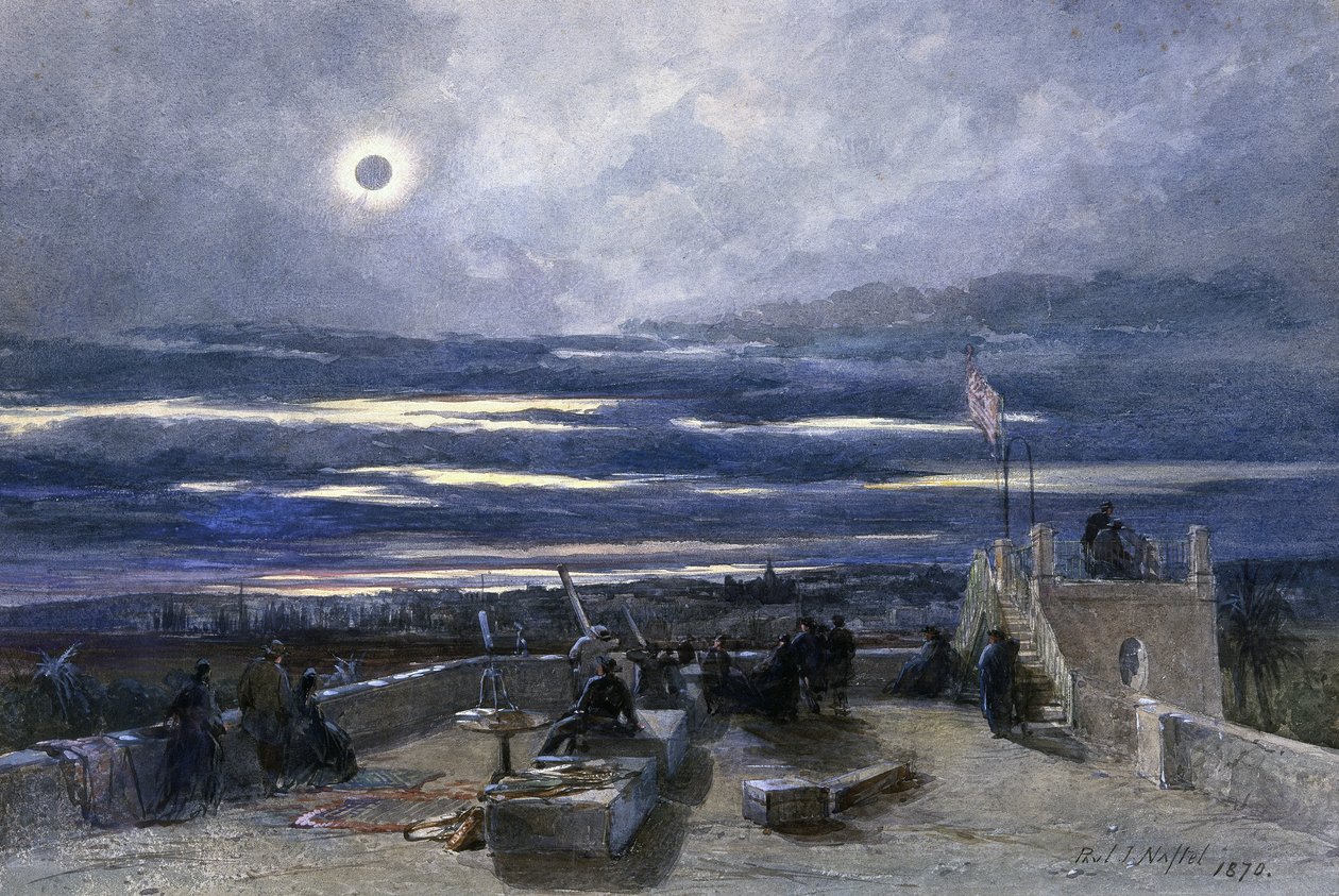 Total solformørkelse, Andalusien, Spanien, 1870 (wc på papir) af Paul Jacob Naftel
