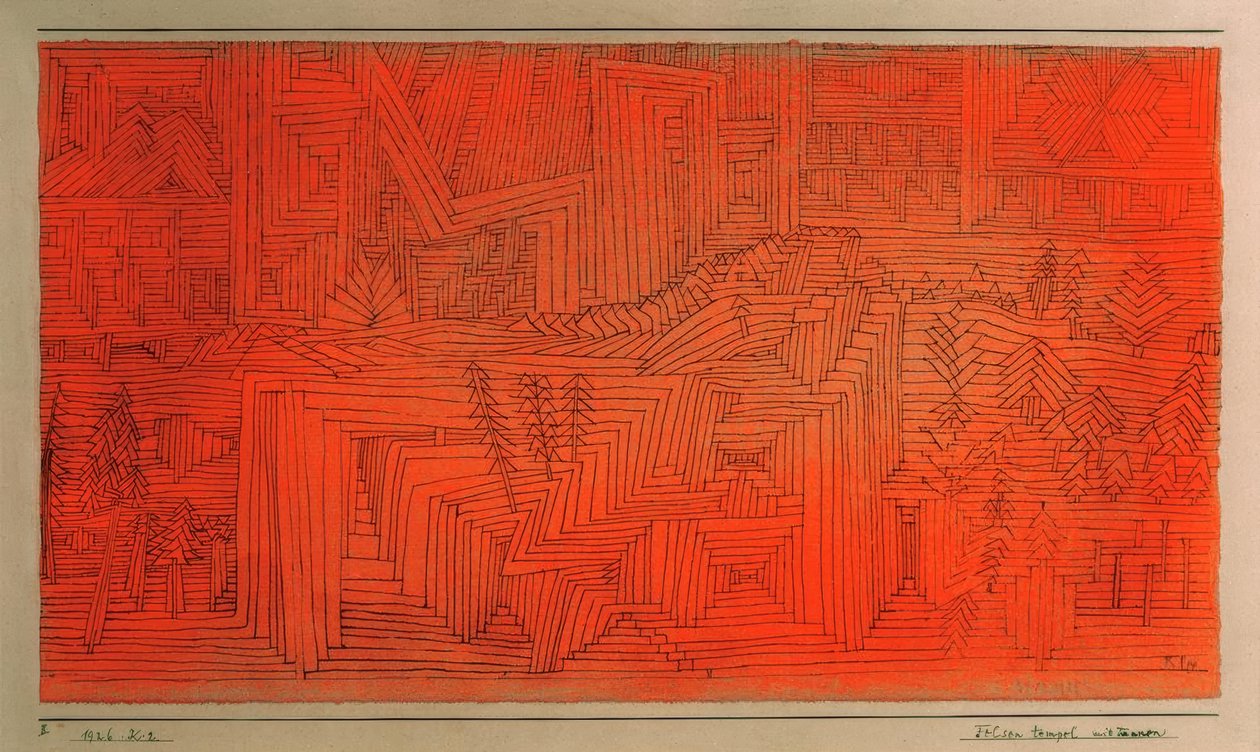 Klippetempel med grantræer af Paul Klee