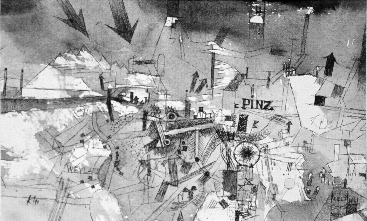 Udsigt over den stærkt truede by Pinz af Paul Klee