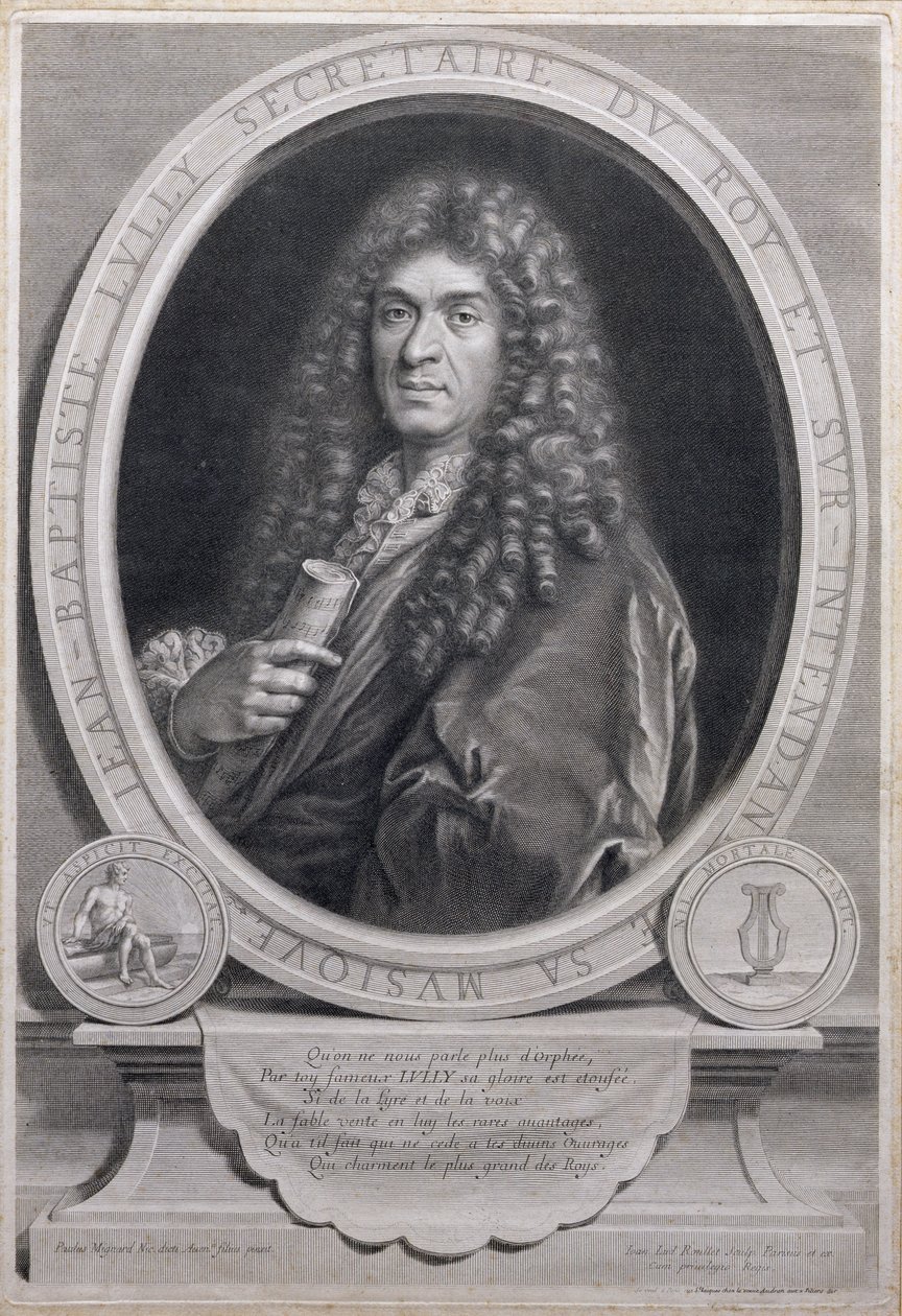 Portræt af Jean Baptiste Lully (1632-87), fransk komponist og operachef, indgraveret af Jean Louis Roullet (1645-99) af Paul Mignard