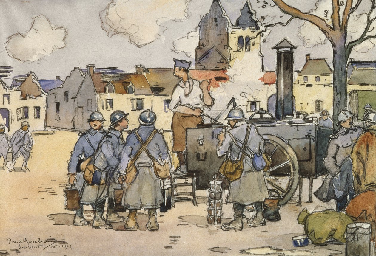 Franske snigskytter ved et markkøkken, Marne, oktober 1915 (wc på papir) af Paul Morchain