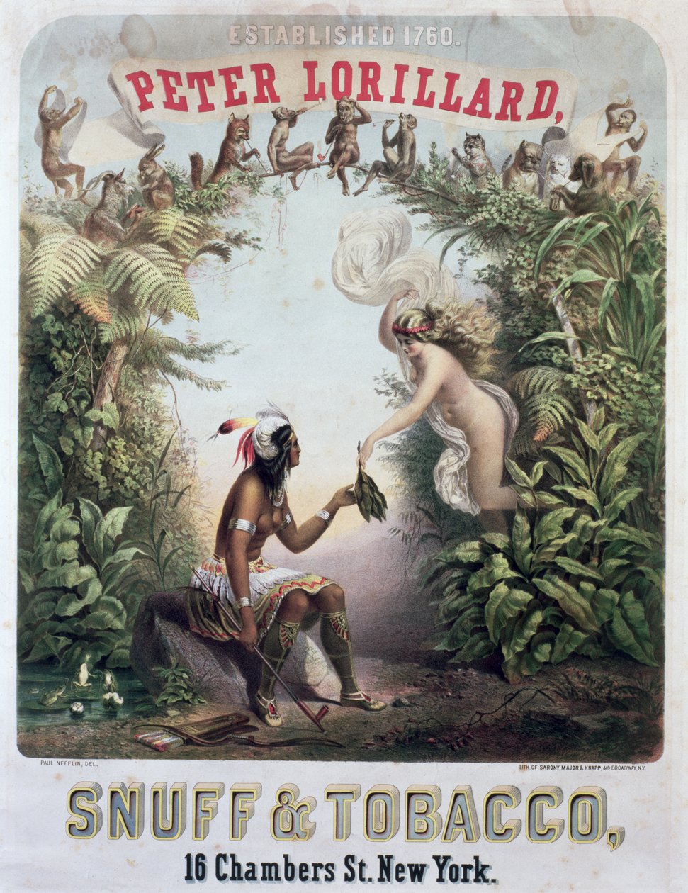 Annonce for snus og tobak, indgraveret af Sarony, Major og Knapp, New York, ca. 1860 af Paul Nefflin