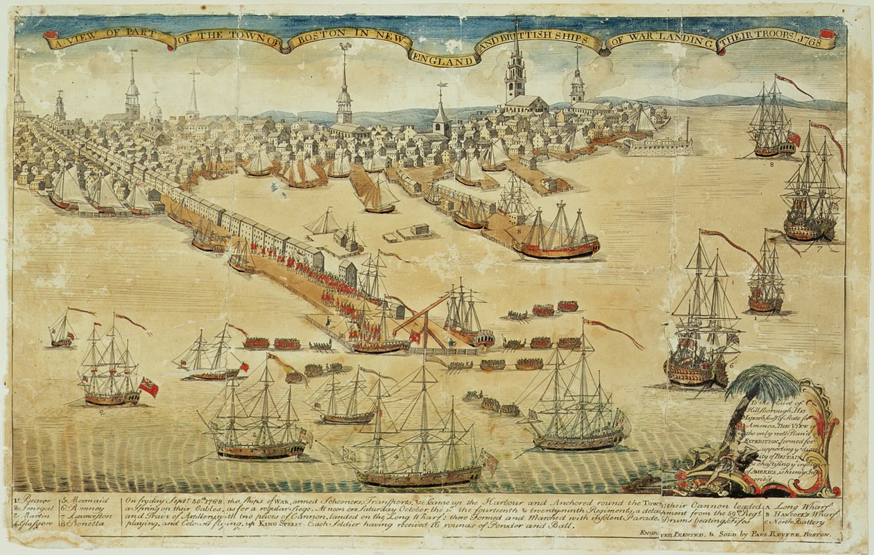 En udsigt over en del af byen Boston i New England og britiske krigsskibe, der lander deres tropper! 1768 af Paul Revere