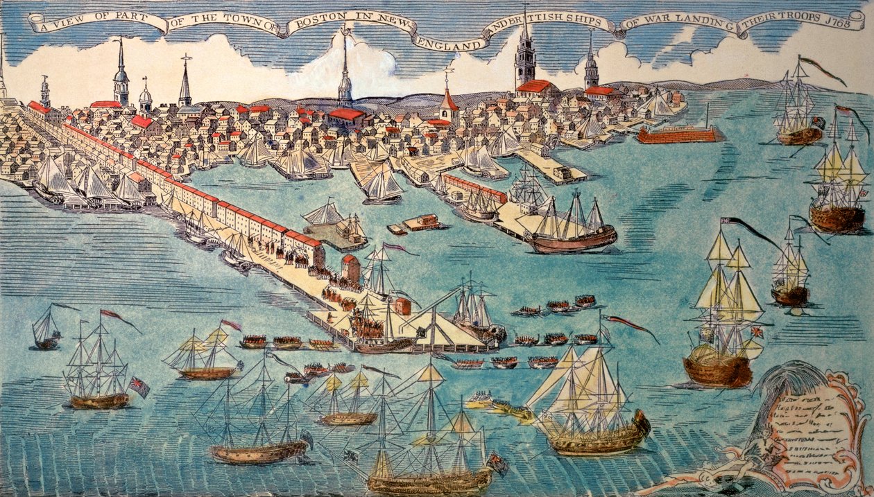 Udsigt over en del af byen Boston i New England og britiske krigsskibe, der lander deres tropper, 1768 (håndfarvet gravering) af Paul Revere