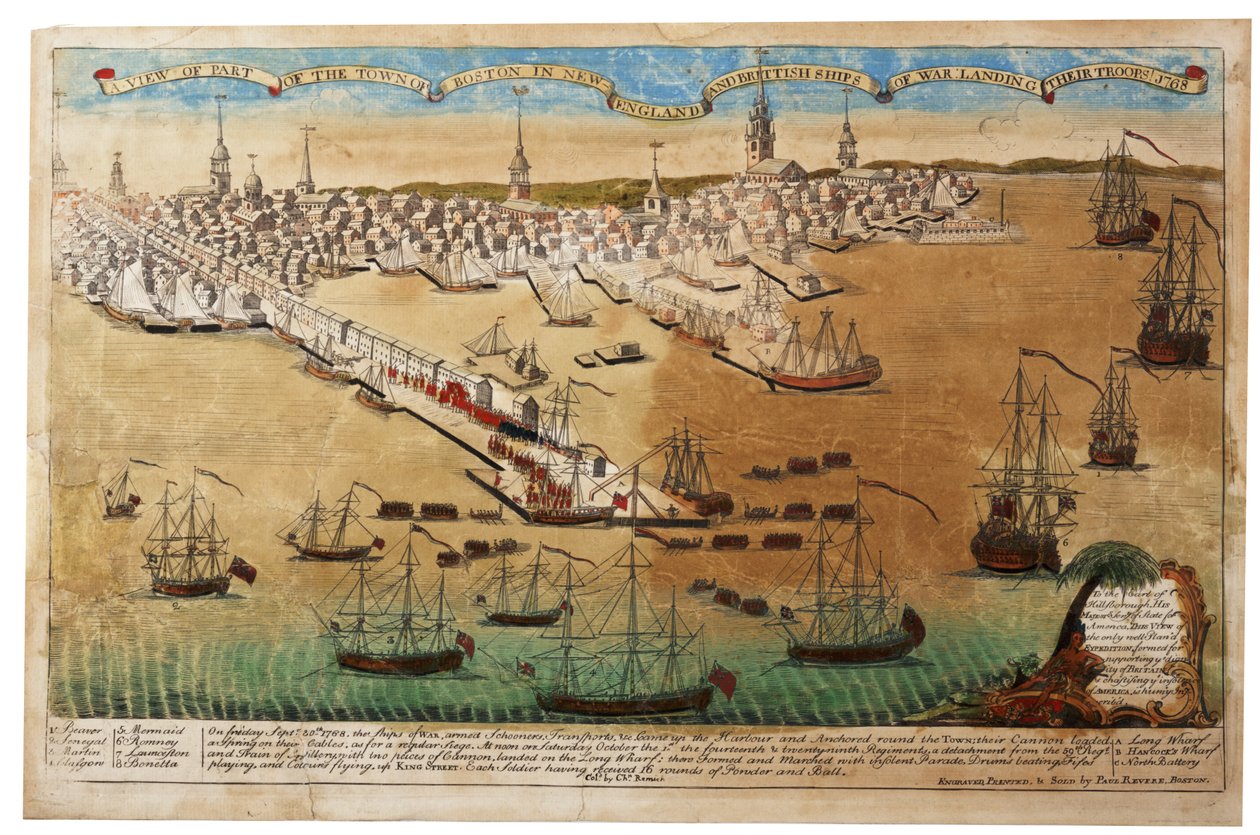 En udsigt over byen Boston i New England og britiske krigsskibe, der lander deres tropper, 1768, 1770 af Paul Revere