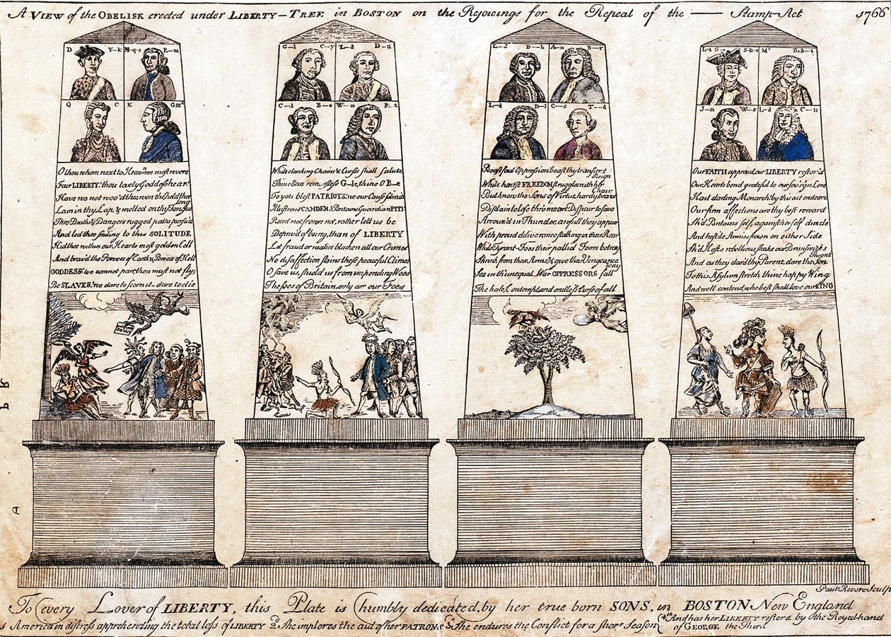 Et billede af obelisken, der blev rejst under Liberty-tree i Boston ved jubilæet for ophævelsen af Stamp Act 1766 af Paul Revere