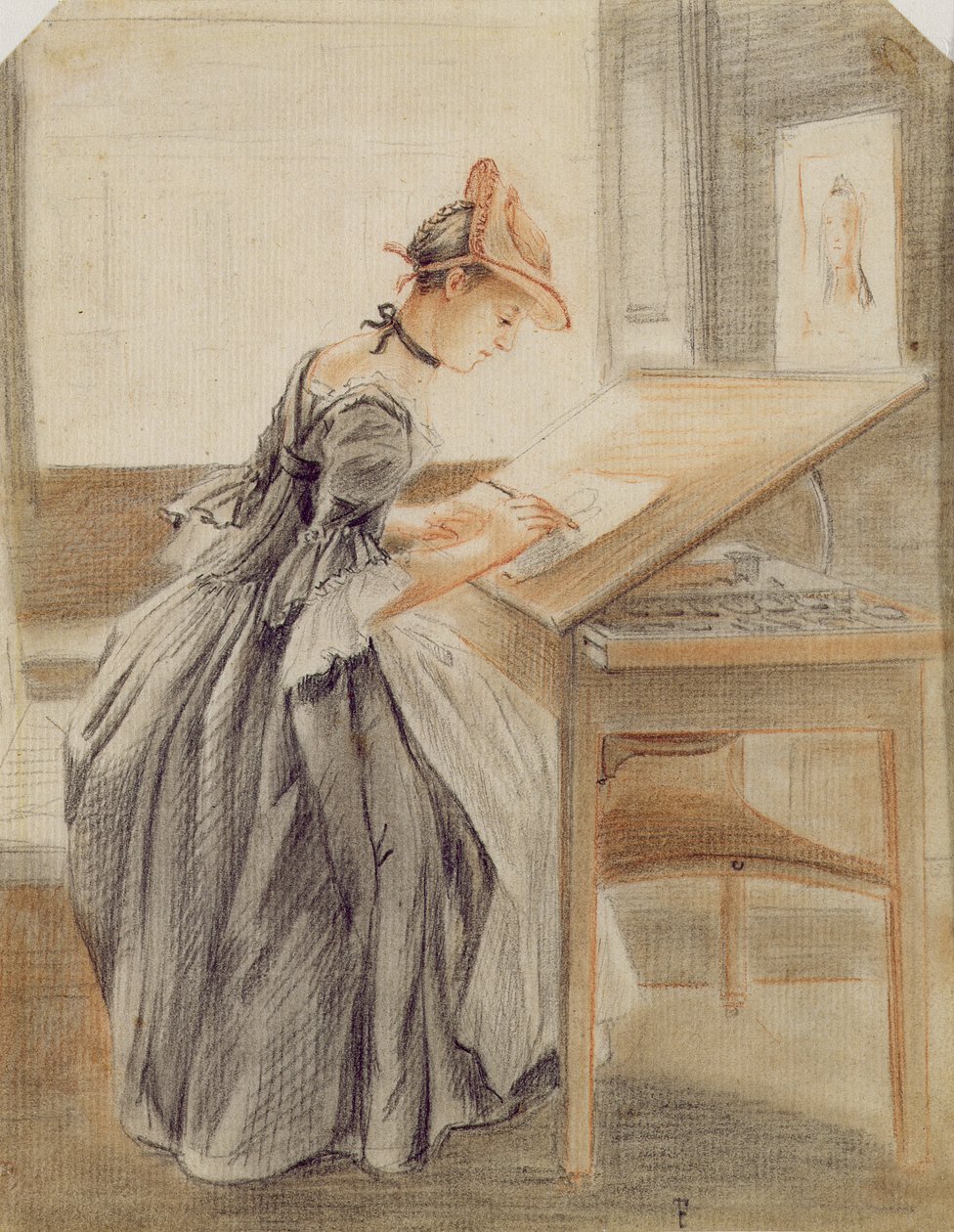 En dame kopierer ved et tegnebord, ca. 1760-70 (grafit, rødt og sort kridt og stub på papir) af Paul Sandby