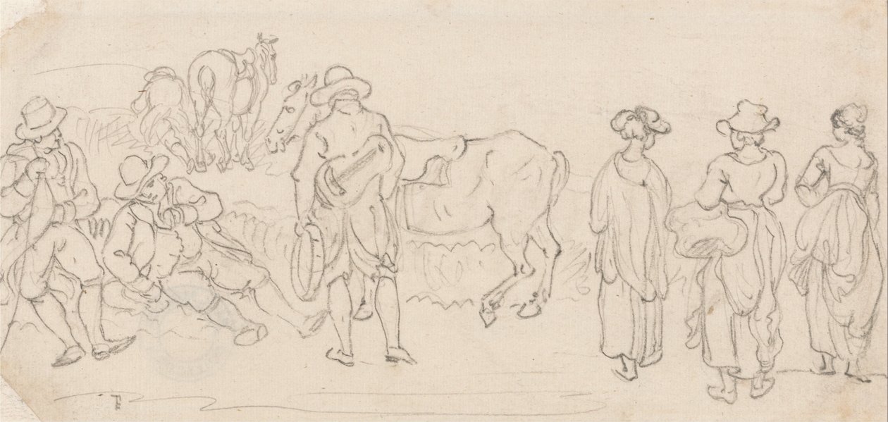 Figur med lut og tamburin, med andre figurer- mænd hviler, landskvinder, heste osv. af Paul Sandby
