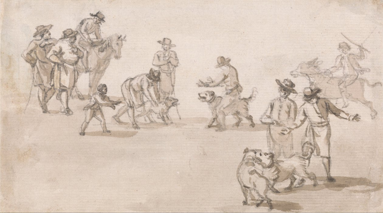 Gruppe af figurer- En hundekamp af Paul Sandby