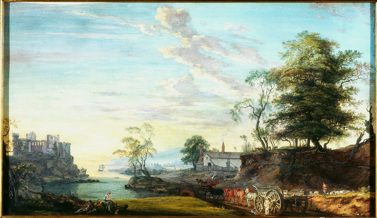 Landskab med Castle on a Bay (kropsfarve (gouache) på papir) af Paul Sandby