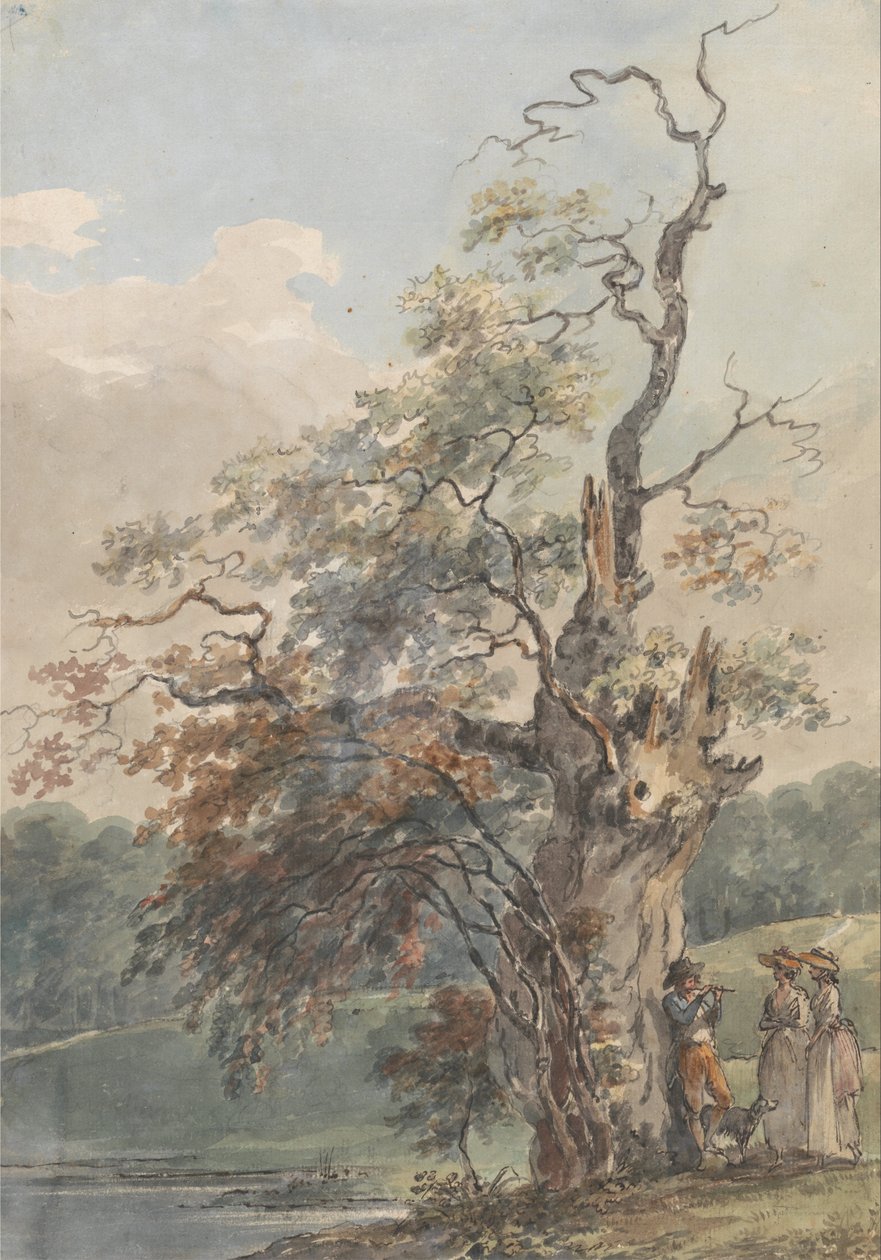 Landskab med en mand, der spiller et rør under et gammelt træ af Paul Sandby