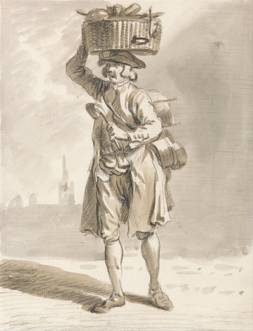 London Cries- En mand med en kurv (mand sælger gryder og pander) af Paul Sandby