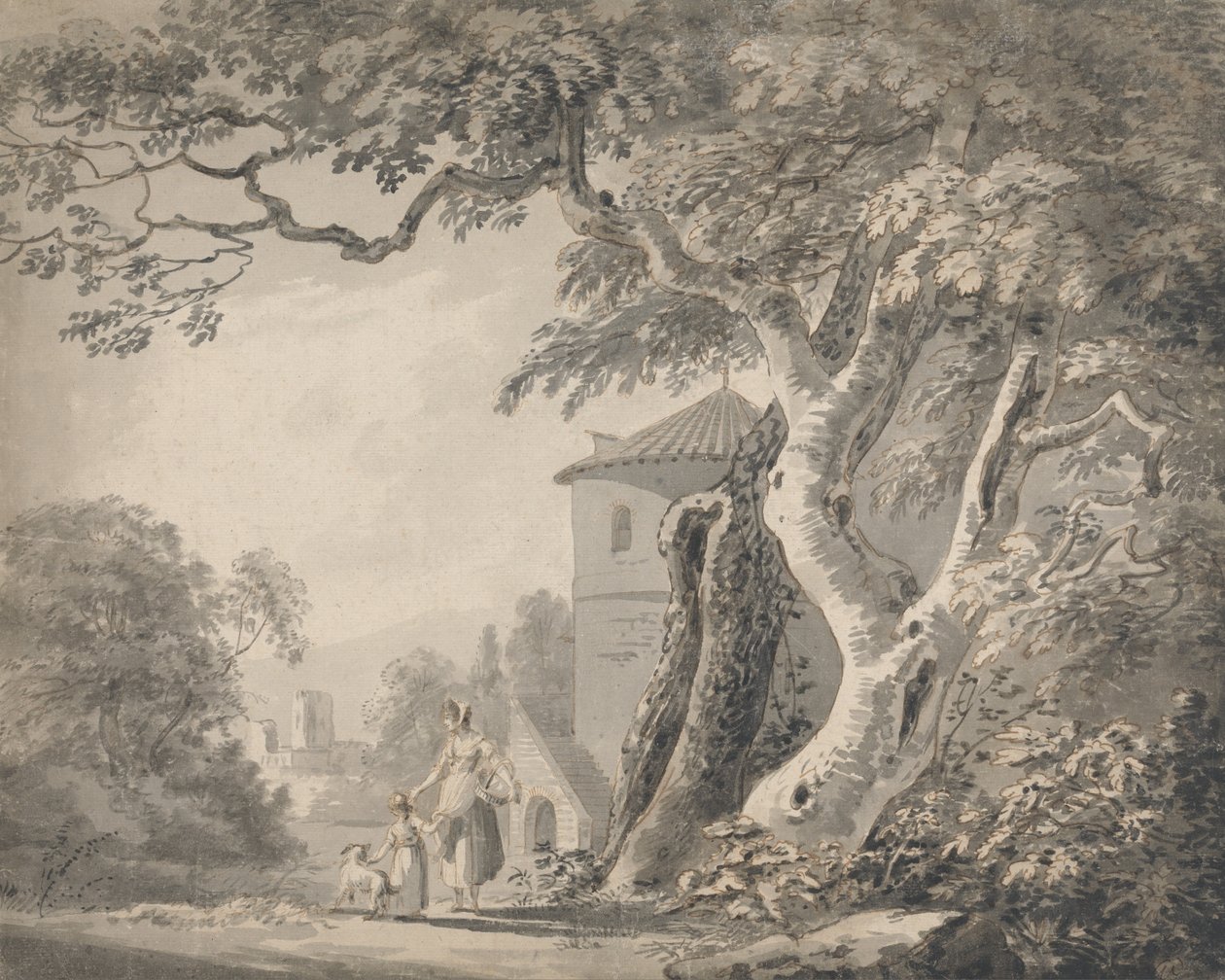Romantisk landskab med figurer og en hund af Paul Sandby