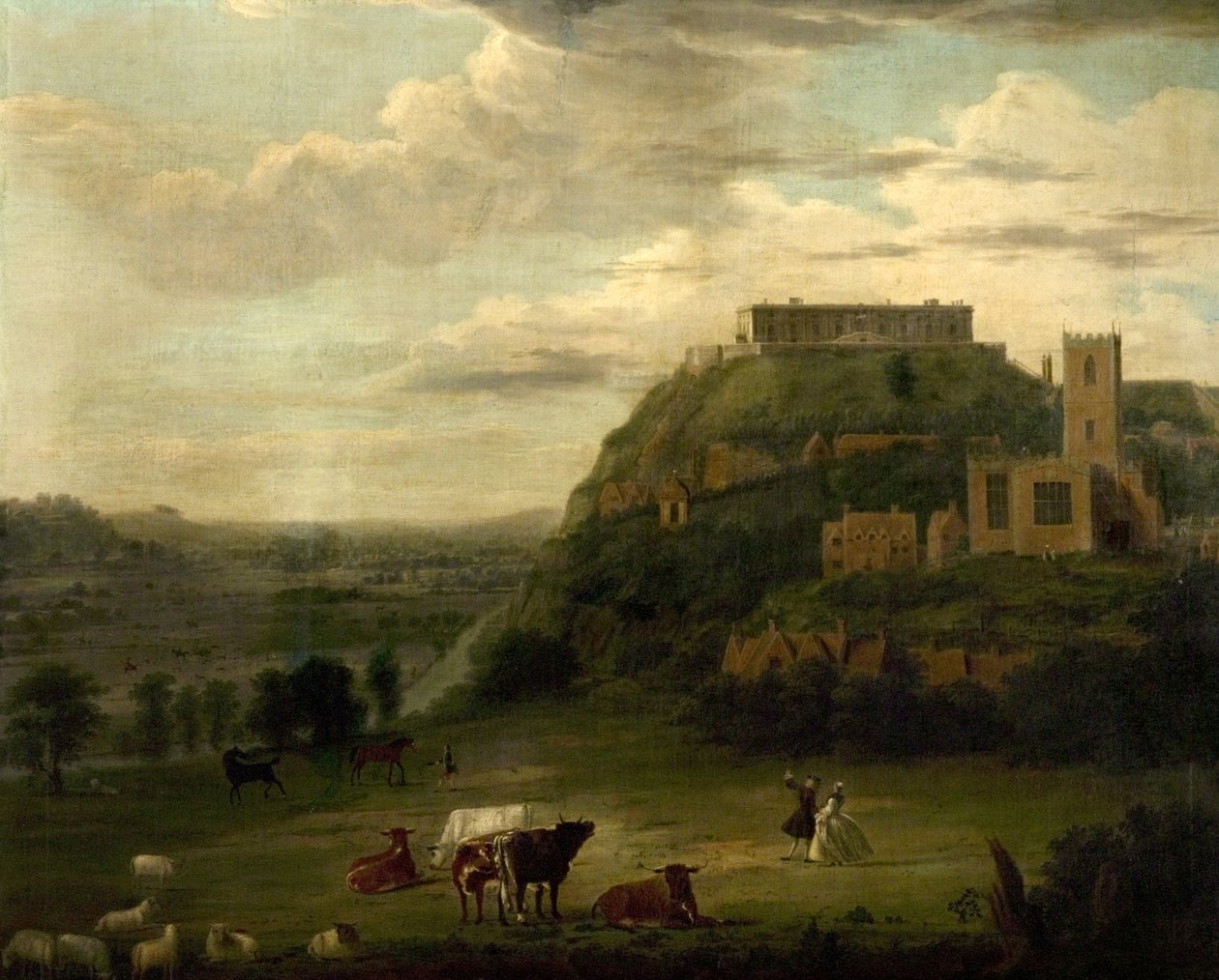 Udsigt over Nottingham Castle med St Nicholas" kirke og huse, ca. 1742-50 af Paul Sandby