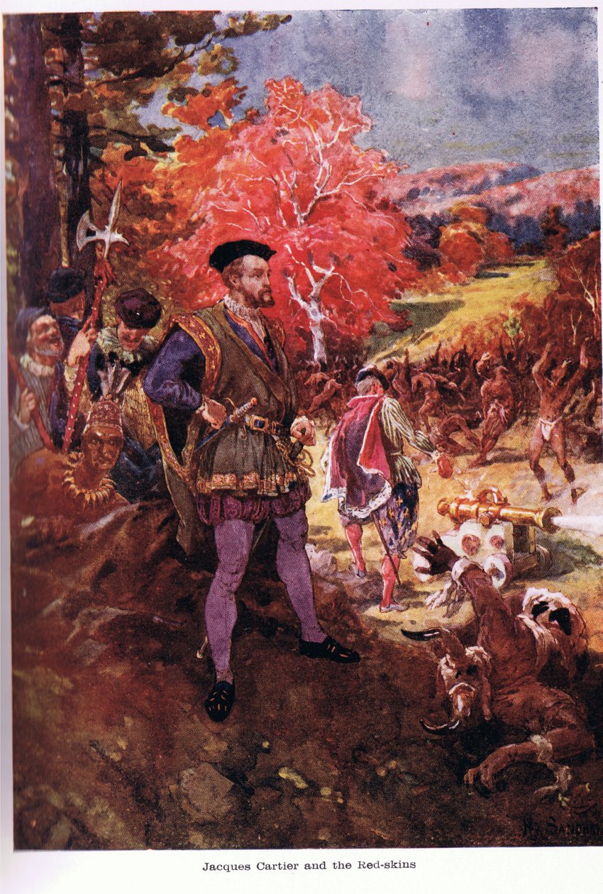 Jacques Cartier med rødhudet, illustration fra "The Romance of Canada" af W.R.S. Scott af Paul Sandham