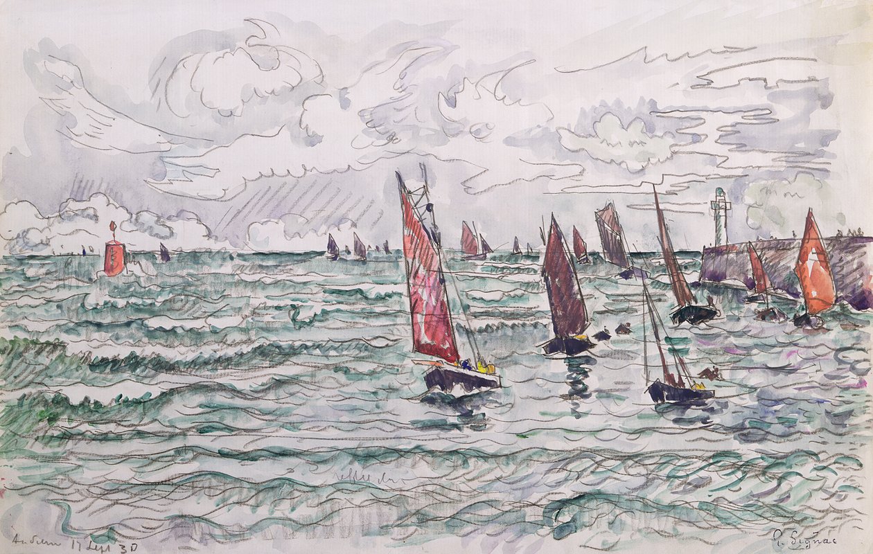 Audierne, Fiskerbådenes retur, 1930 (wc og blyant på papir) af Paul Signac