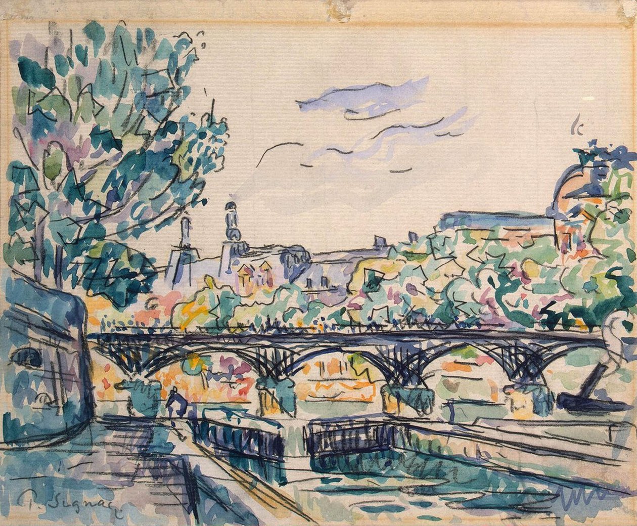 Bank of the Seine nær Pont des Arts, med udsigt over Louvre (pen og blæk med wc og gouache på papir) af Paul Signac