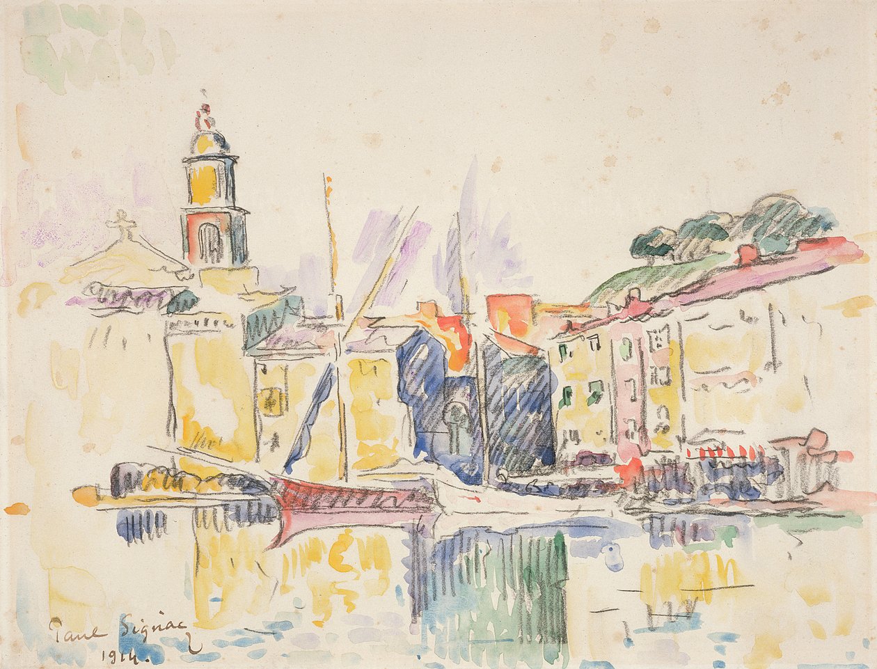 Fransk havn i St. Tropez, 1914 (kul og wc på papir) af Paul Signac
