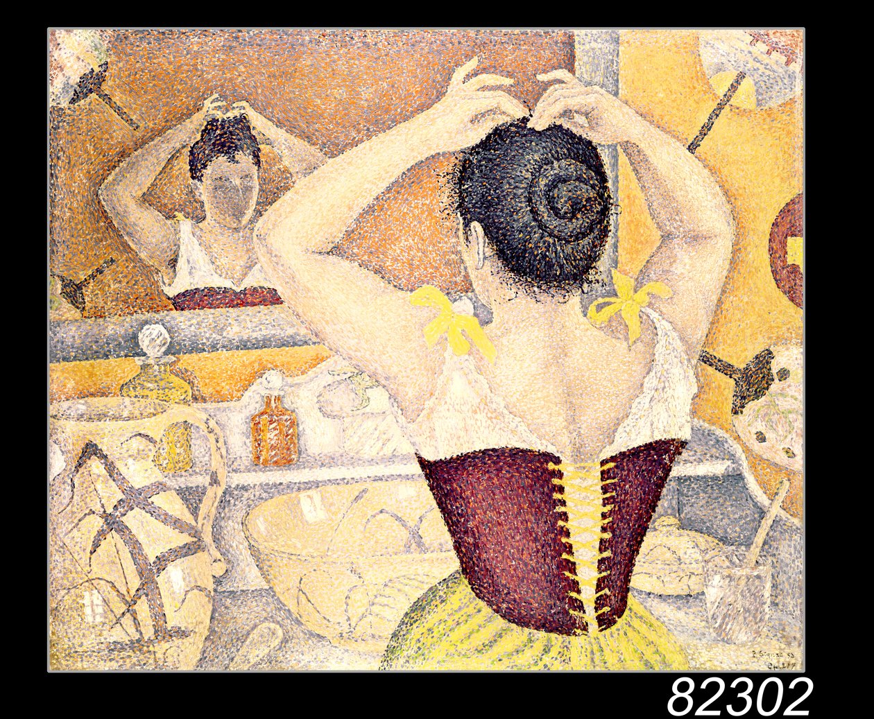 Kvinde ved sit toilet iført et lilla korset, 1893 af Paul Signac