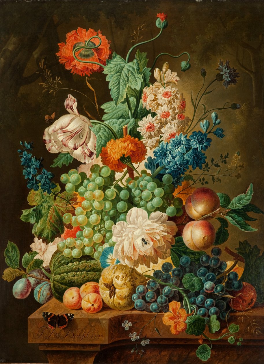 Frugt og blomster på et marmorbord, 1794 af Paul Theodor van Brussel