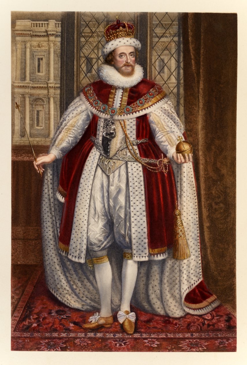 Kong James I af England og VI af Skotland, fra "James I and VI", graveret og trykt af Manzi Joyant und Co. Paris, 1904 (farvestik) af Paul van Somer