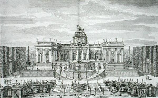 Den store grotte og fontænehaven ved Princely Pleasure Palace and Gardens, Berlin, indgraveret af Johann August Corvinus (1683-1738), udgivet ca. 1711-16 (gravering) af Paul Decker