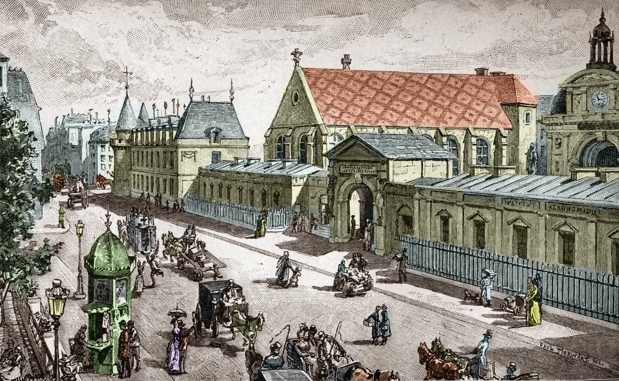 Vue du Conservatoire des Arts et metiers (Cnam) a Paris, rue saint Martin a Paris - (Udsigt over konservatoriet for kunst og kunsthåndværk i Paris) Graveret af Alexis Martin af Paul (after) Merwart