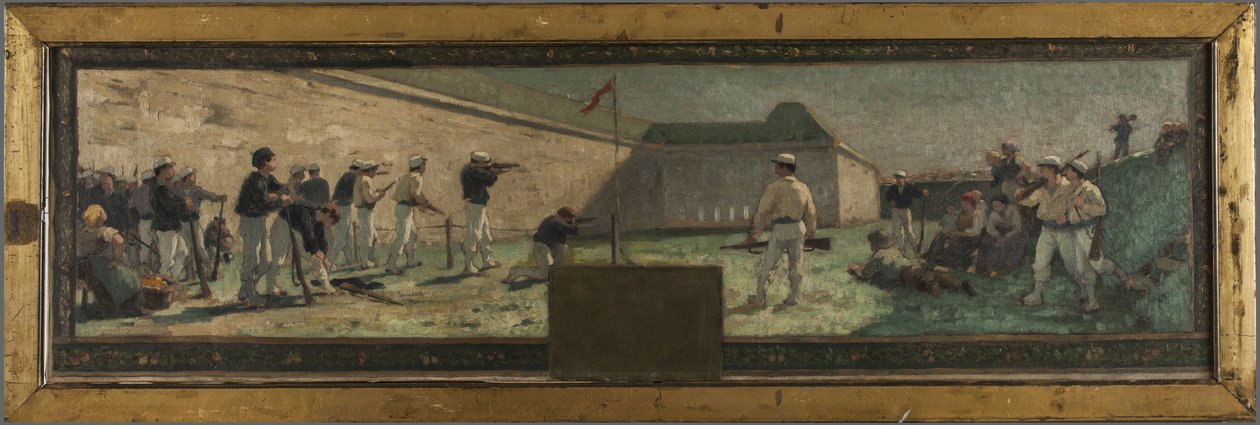 Skitse til rådhuset i Arcueil-Cachan: Le Tir, i 1888 (olie på lærred) af Paul Albert Baudouin