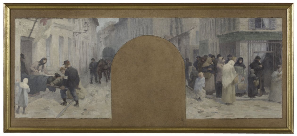 Skitse til Hôtel de Ville de Paris, cabinet du préfet: Transport af sårede til ambulancen. Kø foran en butik under belejringen af Paris i 1870 af Paul Albert Baudouin