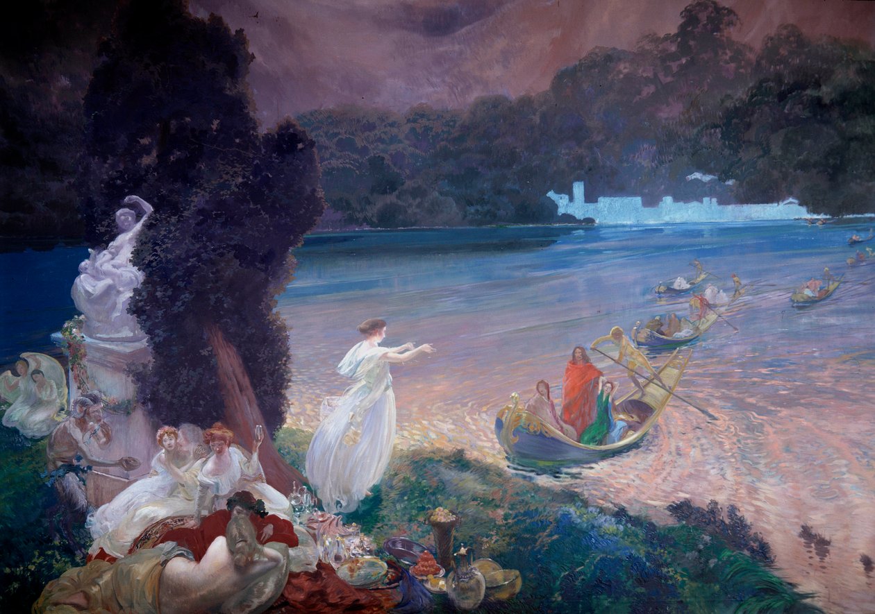 Happy Island: scene med fabel, der repræsenterer både, der slutter sig til gæster til en banket på græsset. Detalje af et maleri på tapet af Paul Albert Besnard (1849-1934). 1900. Paris, Dekorativ Kunst af Paul Albert Besnard