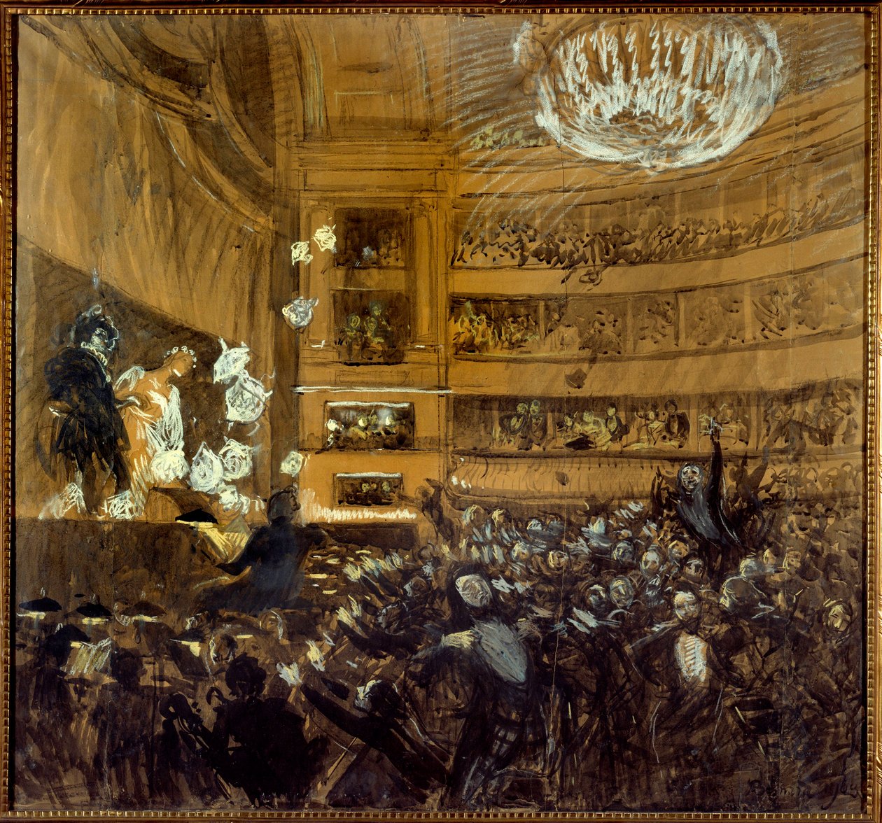 Slaget ved Hernani den 25/02/1830 Første repræsentation af stykket "" Hernani"" af Victor Hugo (1802-1885) ved Comedie Francaise. Tegning af Paul Albert Besnard (1849-1934) Paris fra det 19. århundrede, Comedie Francaise af Paul Albert Besnard