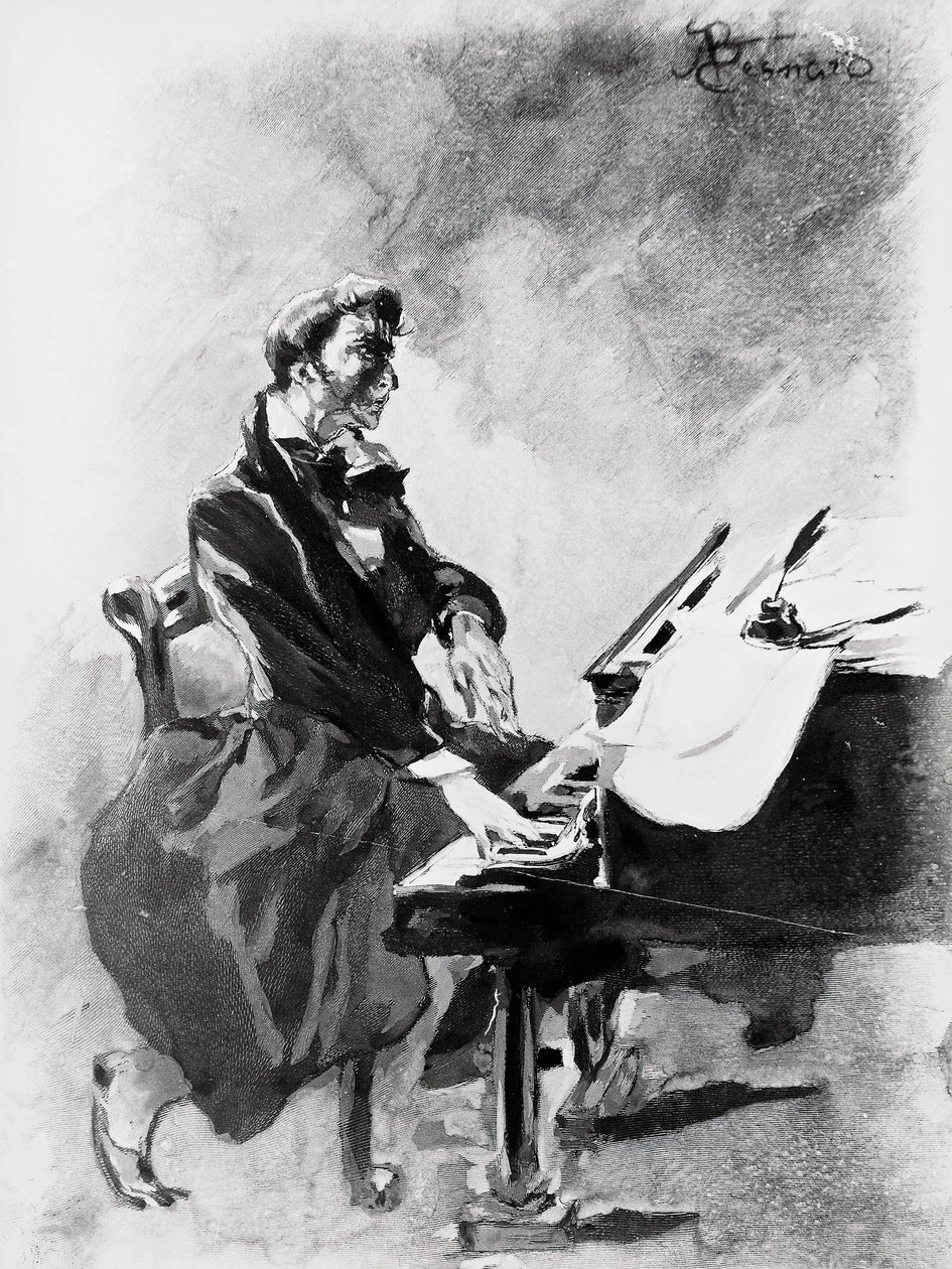 Komponisten og pianisten Frederic Chopin spiller klaver, af Albert Besnard (1849-1934), akvarel af Paul Albert Besnard