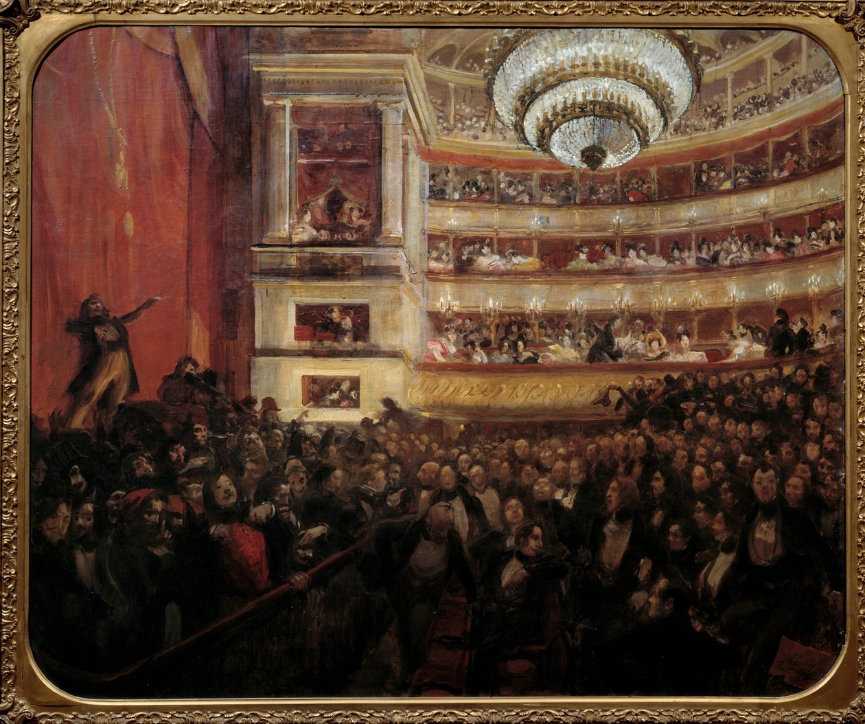Premiere på Hernani Premiere-repræsentation af stykket "" Hernani"" af Victor Hugo (1802-1885) på Comedie Francaise den 25/02/1830. Maleri af Paul Albert Besnard (1849-1934) 1800-tallet søn. 1,05x1,22 m Paris, hus Victor Hugo af Paul Albert Besnard