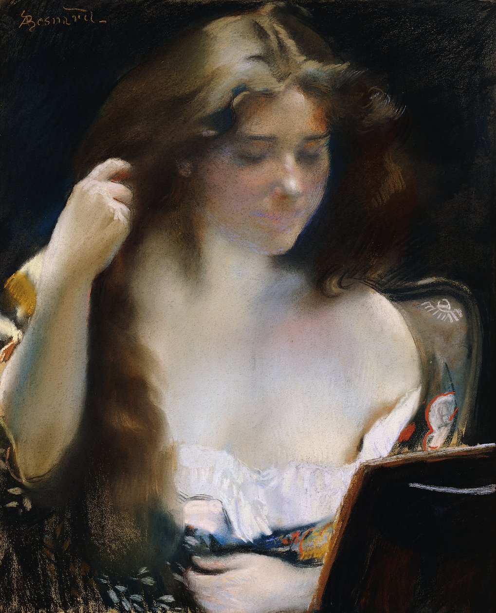 Ung kvinde ved sit toilet; Ung kvinde ved sit toilet, af Paul Albert Besnard