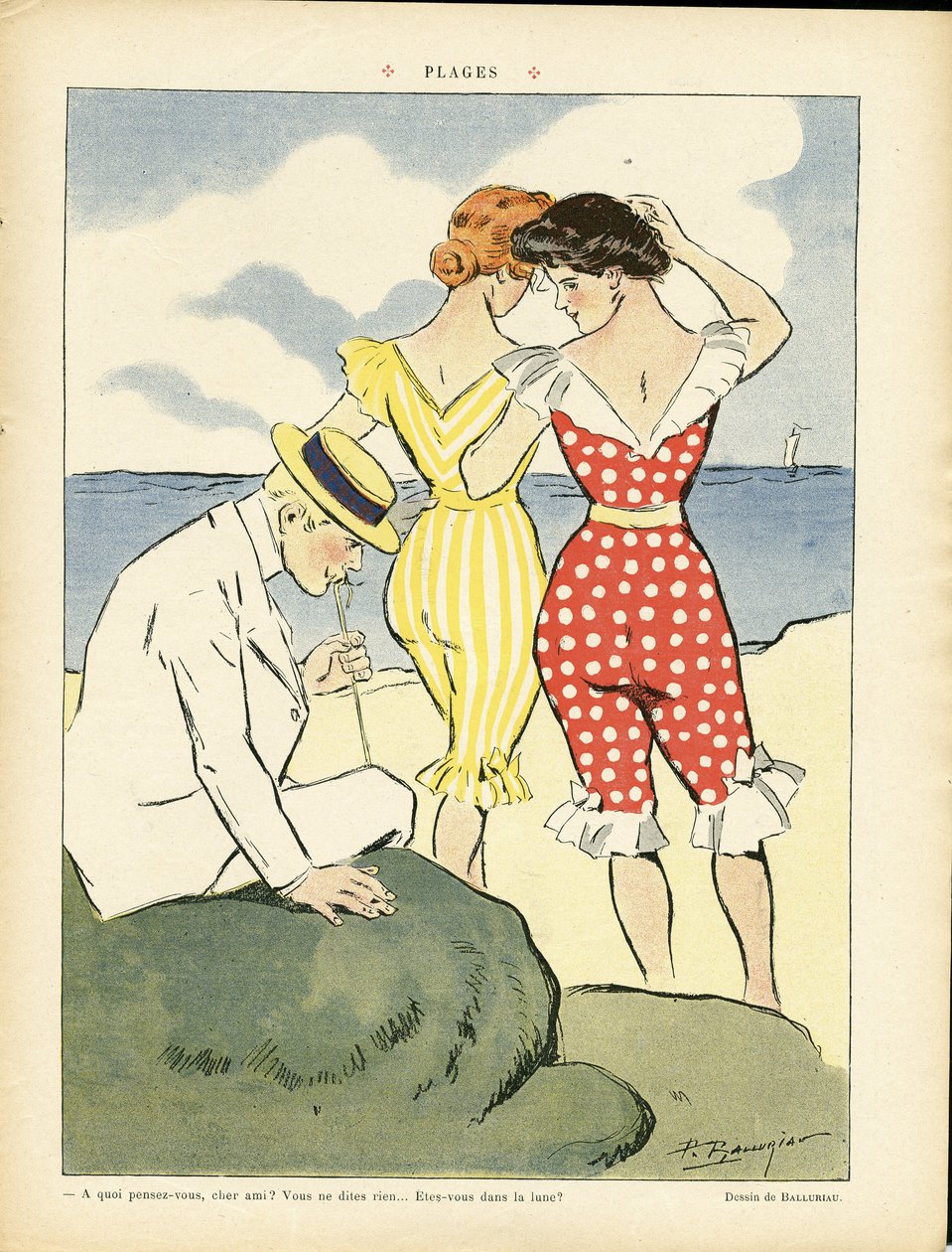 Illustration af Paul Balluriau (1860-1917) i Le Rire, 01/08/08 - Strande - Fritid, Kærlighed, Mode, Maritime Marine Seaside, Badetøj af Paul Balluriau