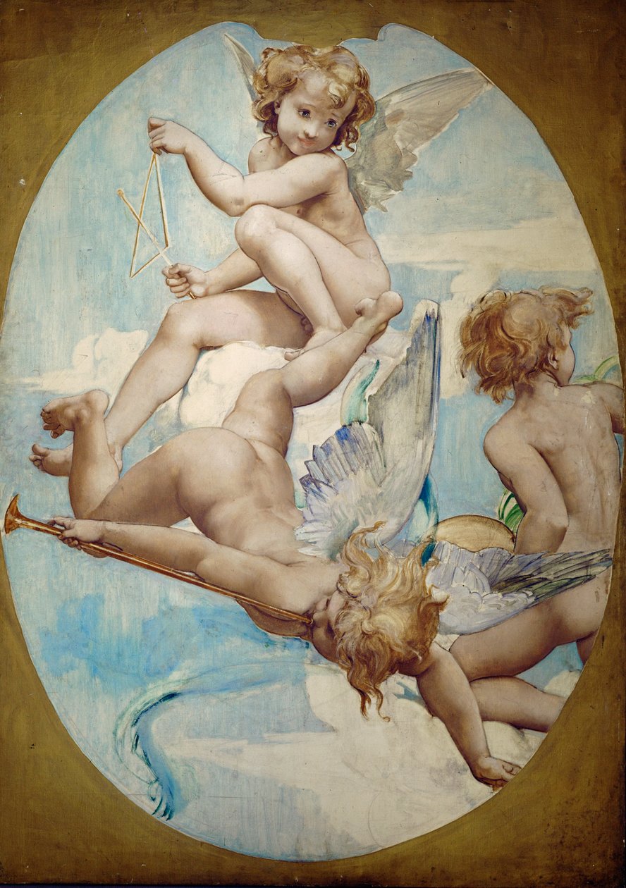 Ovale paneler i Grand Foyer viser putti med musikinstrumenter: trompet, triangel og bækkener ... af Paul Baudry