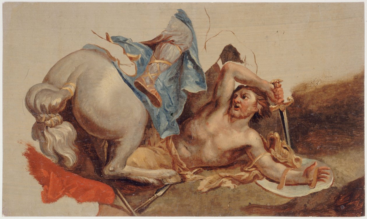 Studie af en falden hest og rytter, efter Le Brun (olie på papir) af Paul Baudry