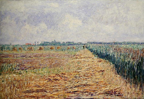 Et fladt hollandsk landskab under en sommerhimmel med klare hvide skyer, ca. 1890 (olie på lærred) af Paul Baum
