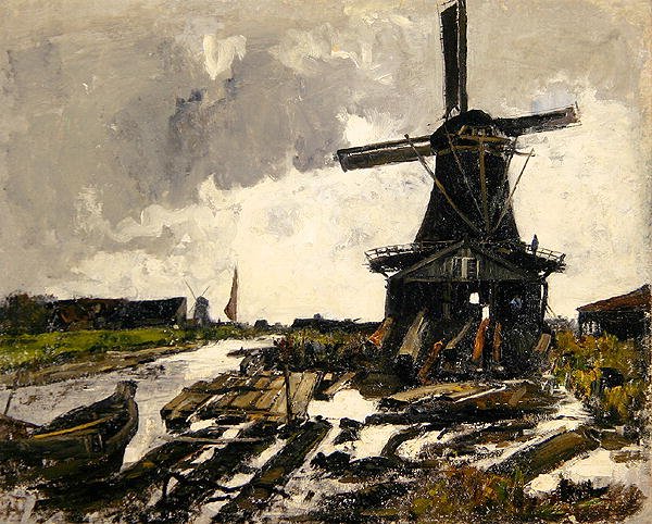 Holland, et kanallandskab med en vindmølle af træsav, ca. 1885 (olie på lærred) af Paul Baum