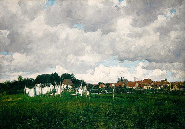 Mecklenburg, Landskab med den lille by Schwann på Warnow af Paul Baum