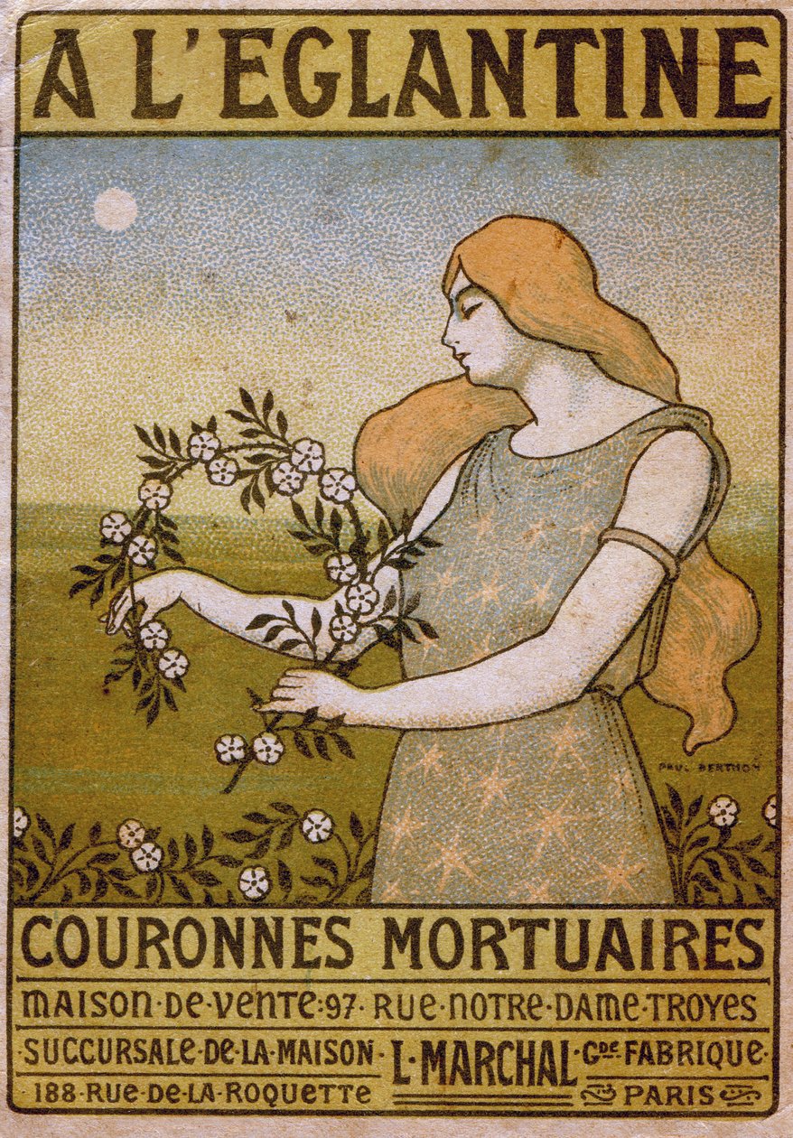 Livsstil. Til den vilde rose, handel med begravelseskranser, blomsterhandler. Annonce af Paul Berthon, Frankrig, ca. 1900 (plakat) af Paul Berthon