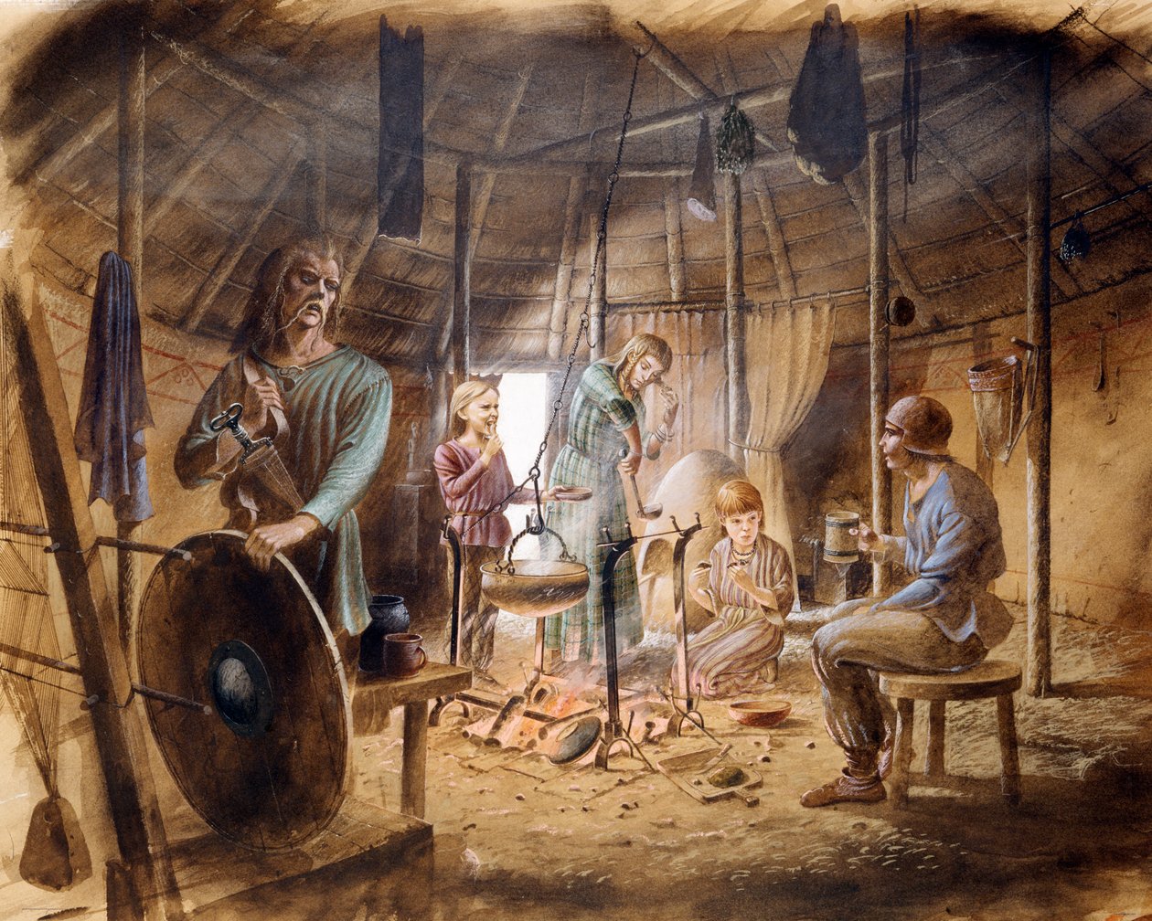 Inde i et jernalderhus, c5. århundrede f.Kr., c1990-2010 af Paul Birkbeck